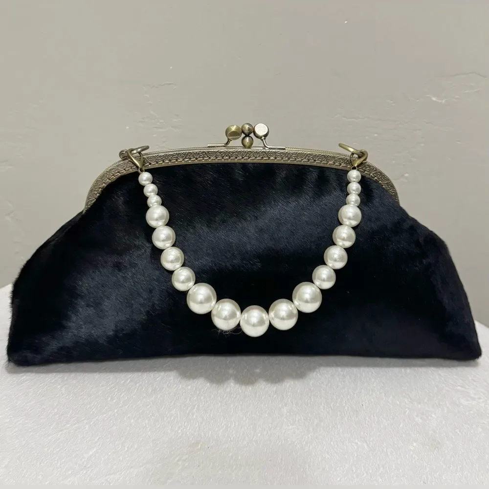 Black Real Hair-on-horsehide Handsewn Double Kiss-lock Clutch Bag/Crossbody